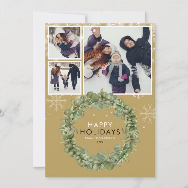 Elegant Gold Christmas 3 Photo Greenery Wreath Holiday Card (Front)