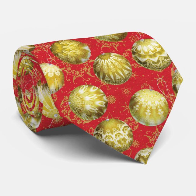 Elegant Gold Christmas Balls on Red Pattern Tie (Rolled)