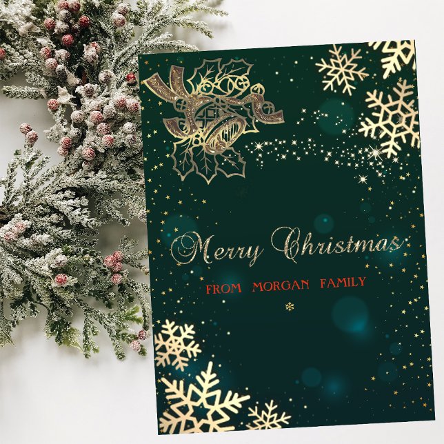 Elegant Gold Christmas Bell,Snowflakes Holiday Card (Creator Uploaded)
