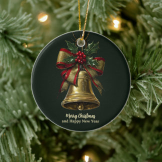 Elegant Gold Christmas Bell with Festive Bow Holly Ceramic Tree Decoration