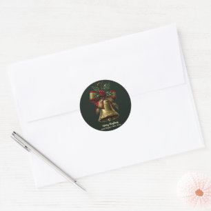 Elegant Gold Christmas Bell with Festive Bow Holly Classic Round Sticker