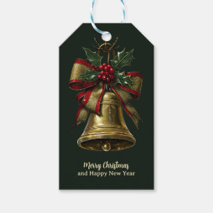 Elegant Gold Christmas Bell with Festive Bow Holly Gift Tags