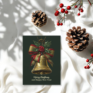 Elegant Gold Christmas Bell with Festive Bow Holly Holiday Card