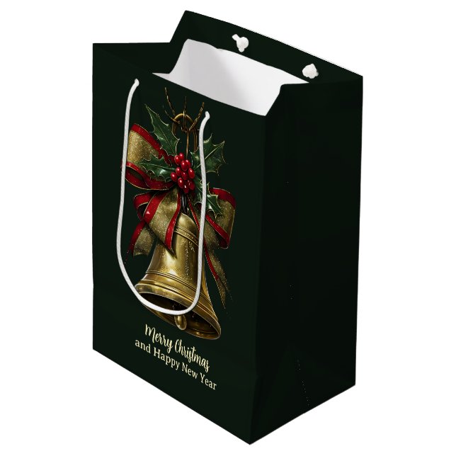 Elegant Gold Christmas Bell with Festive Bow Holly Medium Gift Bag (Front Angled)