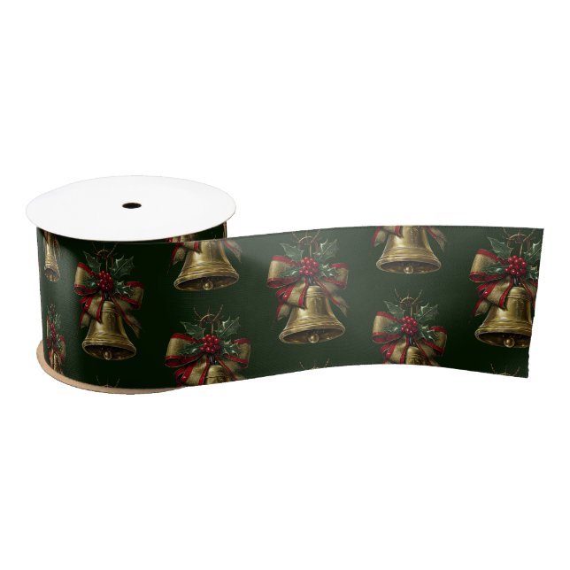 Elegant Gold Christmas Bell with Festive Bow Holly Satin Ribbon (Spool)