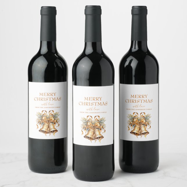Elegant Gold Christmas Bells Custom Wine Label (Bottles)