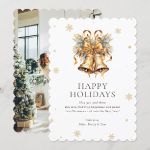 Elegant Gold Christmas Bells Snowflake Photo Holiday Card