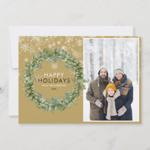 Elegant Gold Christmas Photo Greenery Wreath Happy Holiday Card
