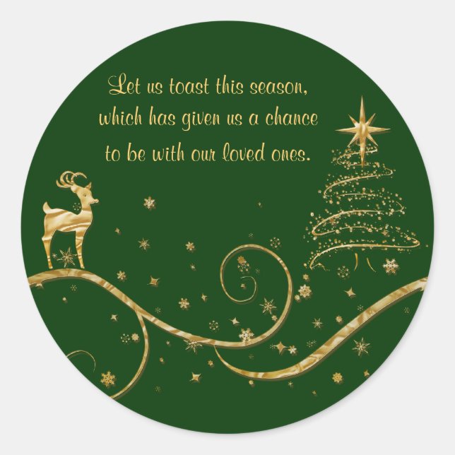 Elegant gold Christmas reindeer greetings wishes Classic Round Sticker (Front)