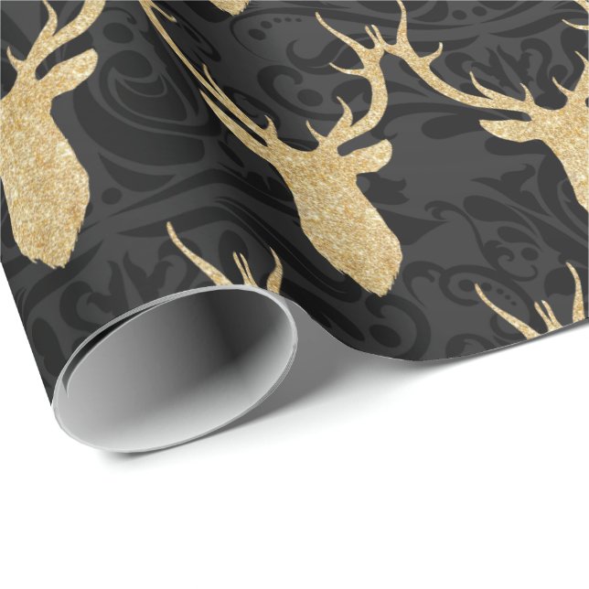 Elegant Gold Christmas Reindeer on black Damask Wrapping Paper (Roll Corner)