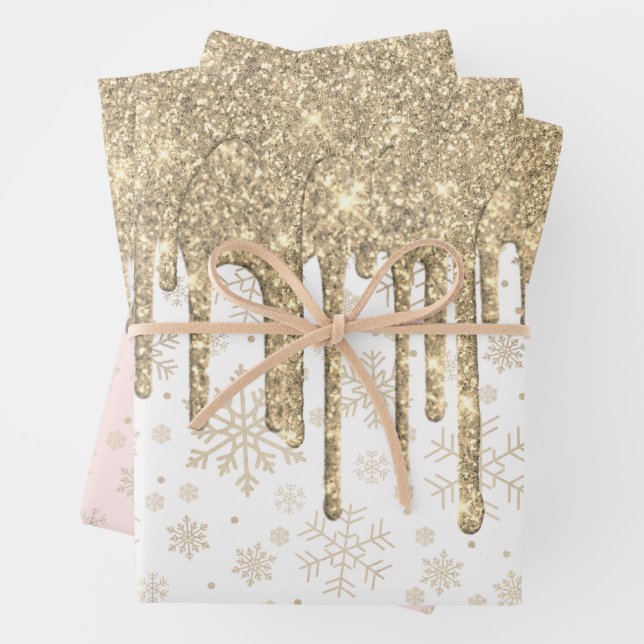 Elegant Gold Christmas Snowflake Pattern Dripping Wrapping Paper Sheet (In situ)