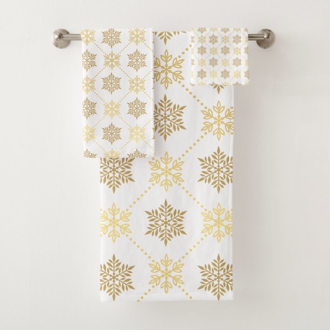Elegant Gold Christmas Snowflakes Pattern Bath Towel Set (Insitu)