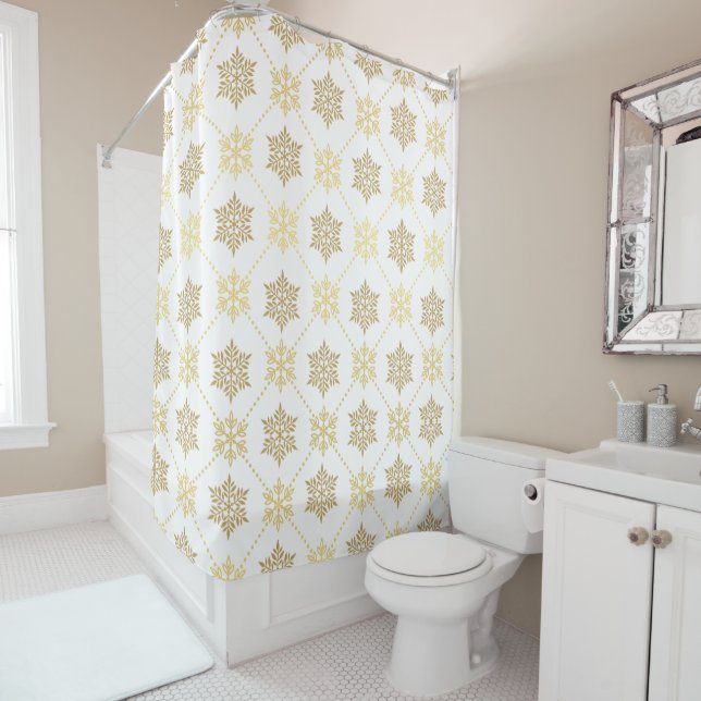Elegant Gold Christmas Snowflakes Pattern Shower Curtain (In Situ)
