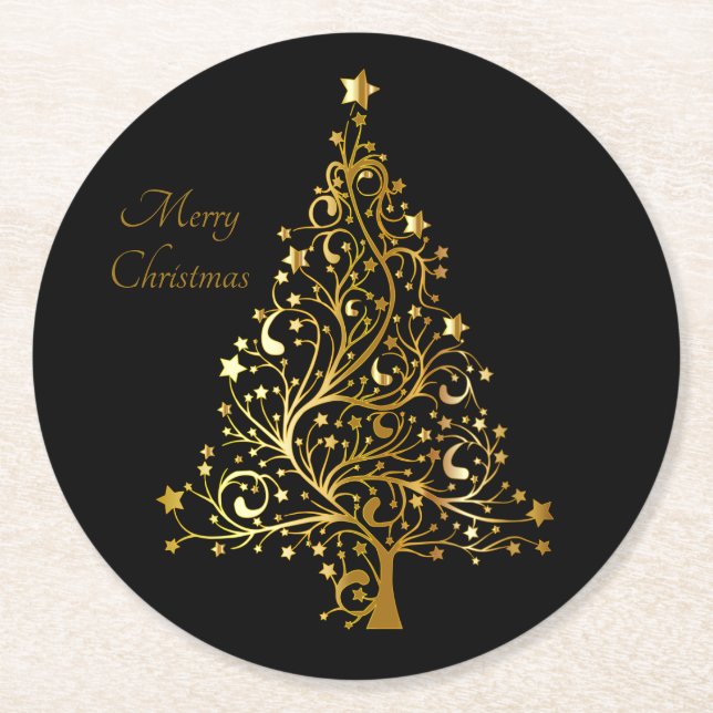 Elegant Gold Christmas Tree Festive Modern Art Fun Round Paper Coaster (Front)