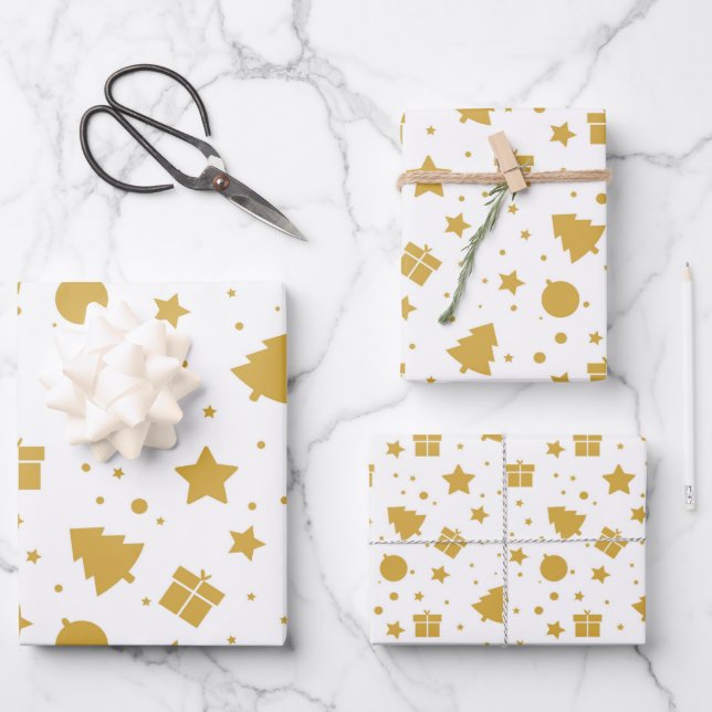 Elegant Gold Christmas Tree Holiday Stars Pattern Wrapping Paper Sheet (Front)
