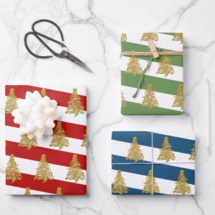 Elegant gold Christmas tree pattern striped Wrapping Paper Sheet
