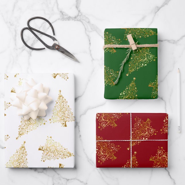 Elegant gold Christmas tree pattern   Wrapping Paper Sheet (Front)