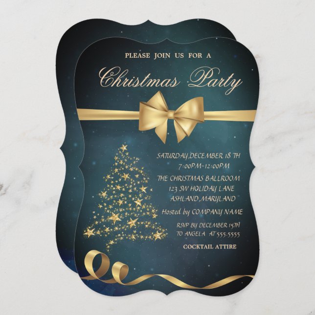 Elegant Gold Christmas Tree Stars Bow Christmas  Invitation (Front/Back)
