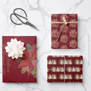 Elegant Gold Christmas Trees Red Poinsettia Floral Wrapping Paper Sheet