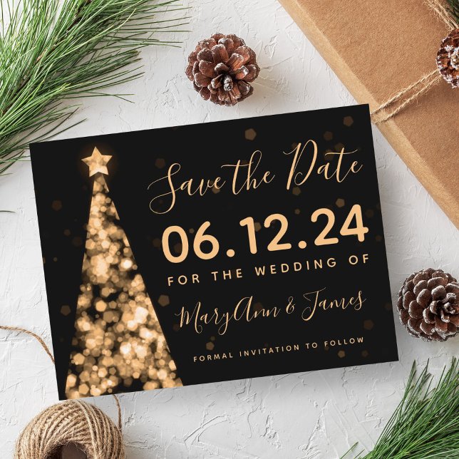 Elegant Gold Christmas Wedding Save The Date Announcement Postcard (Elegant Gold Christmas Wedding Save The Date Announcement Postcard)