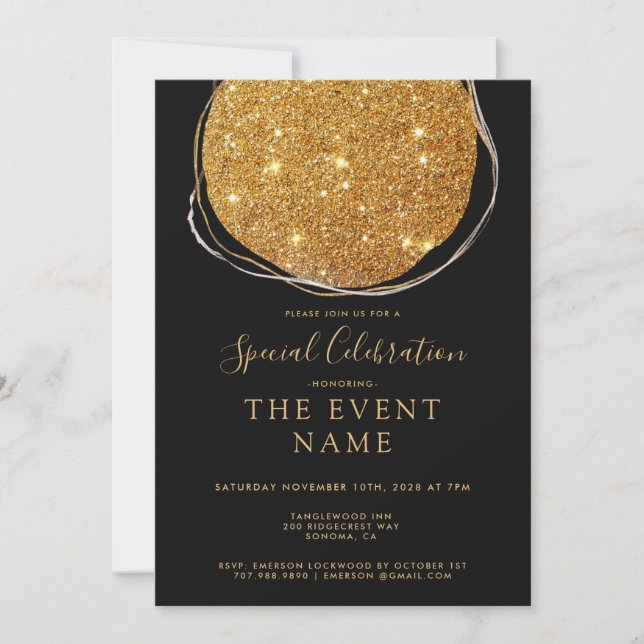 Elegant Gold Circle Black Chic Invitation (Front)