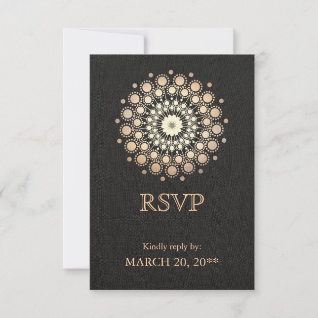 Elegant Gold Circle Motif Black Linen Look RSVP (Front)