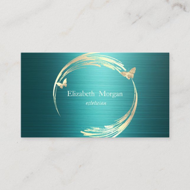 Elegant Gold Circles Butterflies Green Metallic Business Card (Front)