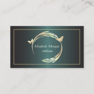Elegant Gold Circles Frame Butterflies Dark Green Business Card