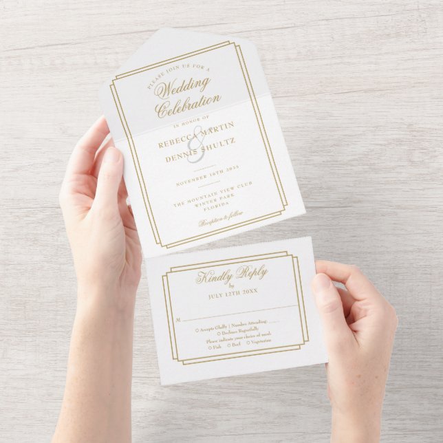 Elegant Gold Classic Deco Monogram Wedding All In One Invitation (Tearaway)