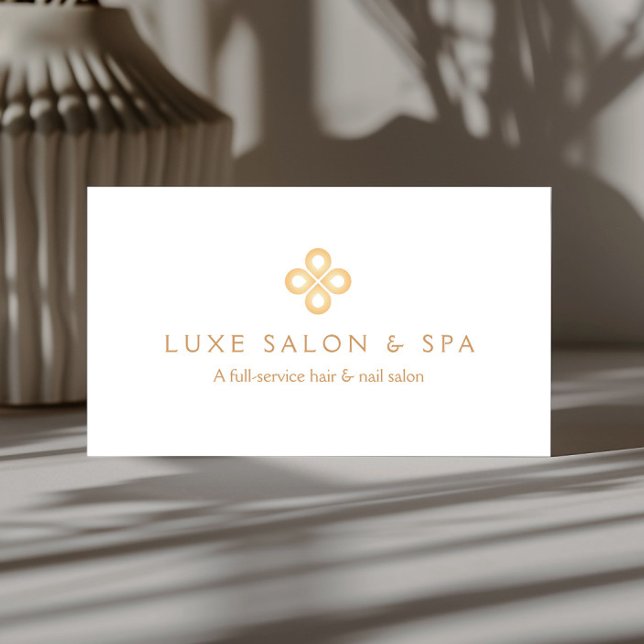 ELEGANT GOLD CLOVER LOGO on WHITE for Salon, Spa Business Card (Creator Uploaded)