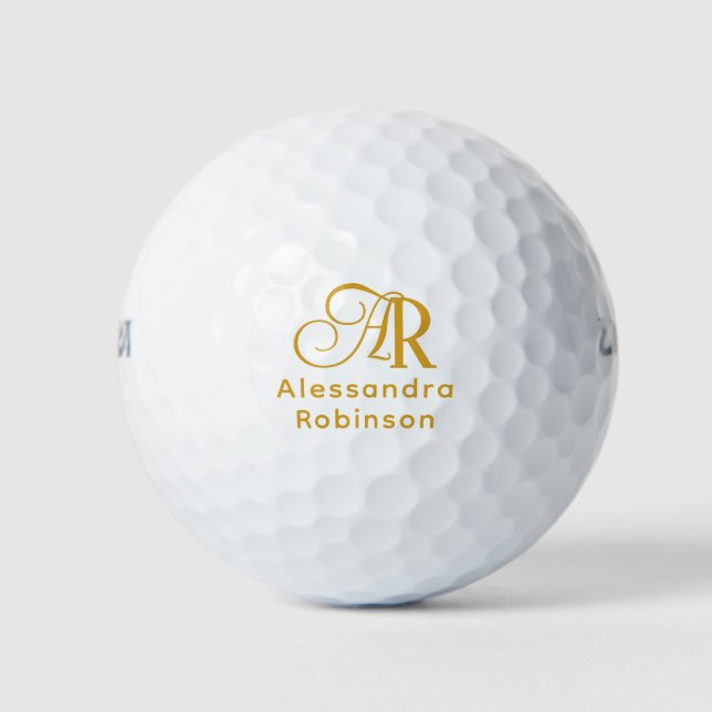 Elegant gold colour monogram & name golf balls (Front)