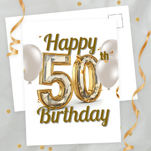 Elegant Gold Confetti and Balloons 50th Birthday  Postcard