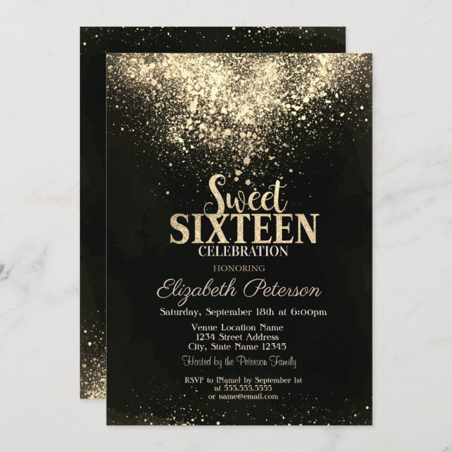 Elegant Gold Confetti,Black Sweet 16 Invitation (Front/Back)