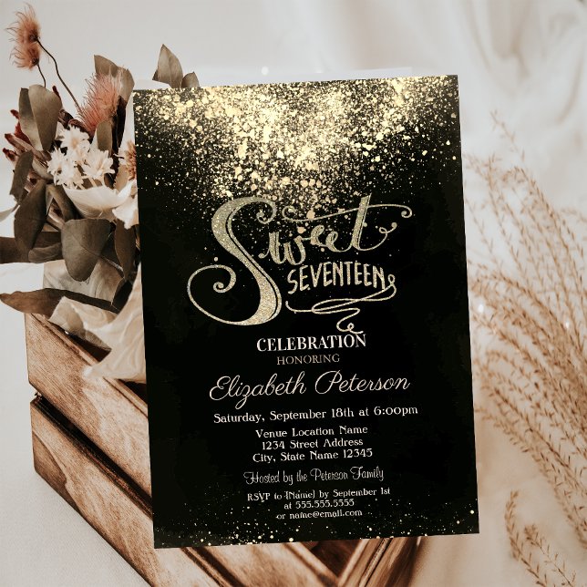 Elegant Gold Confetti,Black Sweet 17 Invitation (Creator Uploaded)