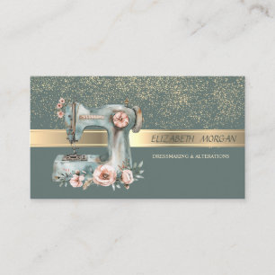 Elegant Gold Confetti,Floral Sewing Machine Green Business Card