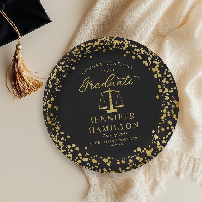 Elegant Gold Confetti Law School Graduation Black Paper Plate (Creator Uploaded)