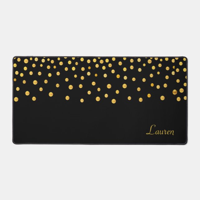 Elegant Gold Confetti on Black Personalised Desk Mat (Front)