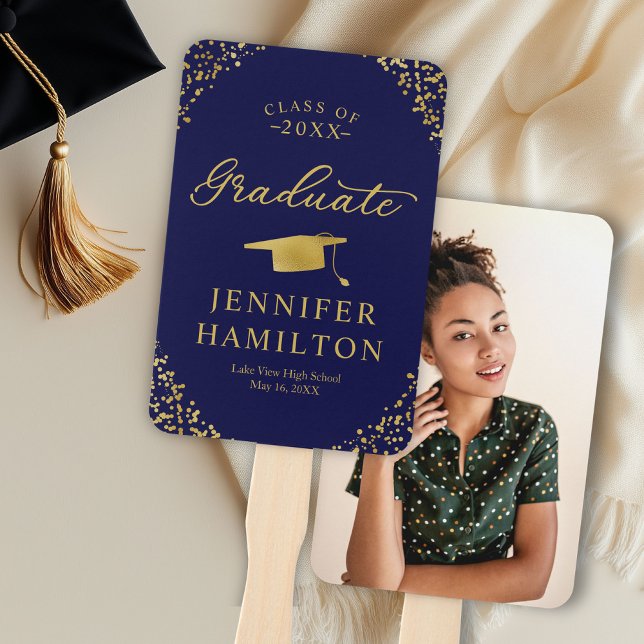 Elegant Gold Confetti On Blue 1 Photo Graduation Hand Fan (Creator Uploaded)