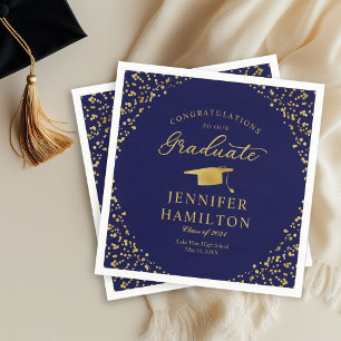 Elegant Gold Confetti On Blue Graduation Napkin