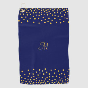 Elegant Gold Confetti on Blue Monogrammed Golf Towel