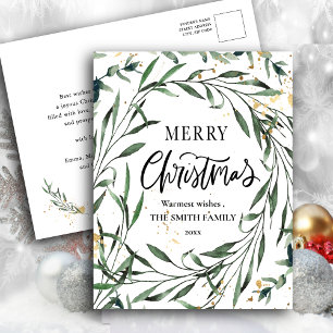 Elegant Gold Confetti Pine Foliage Greenery Script Holiday Postcard