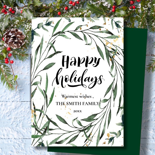 Elegant Gold Confetti Pine Foliage Modern Script  Holiday Card (Creator Uploaded)