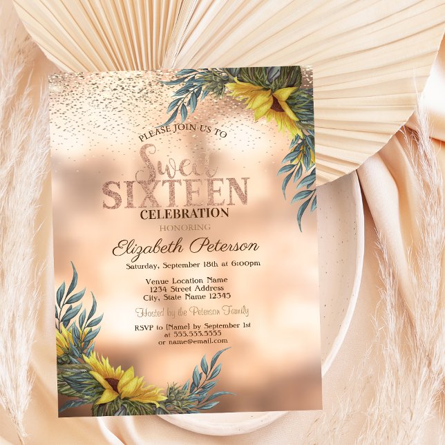 Elegant Gold Confetti,Sunflowers Sweet 16 Invitation (Creator Uploaded)