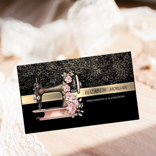 Elegant Gold Confetti,Vintage Sewing Machine Business Card (Creator Uploaded)