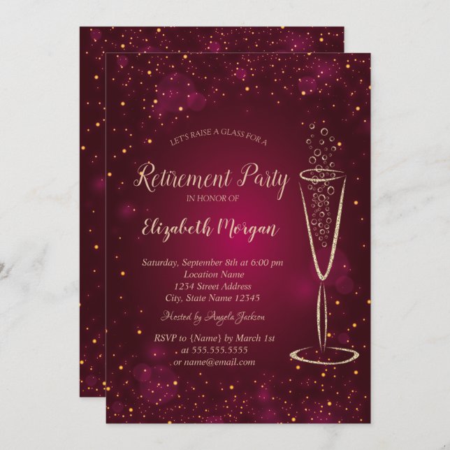 Elegant Gold Confetti Wine Glass Red Retirement Invitation (Front/Back)