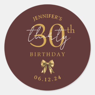 Elegant Gold Coquette Bow 30th Birthday Burgundy  Classic Round Sticker
