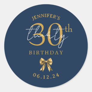 Elegant Gold Coquette Bow 30th Birthday Navy Blue  Classic Round Sticker