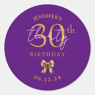 Elegant Gold Coquette Bow 30th Birthday Purple  Classic Round Sticker