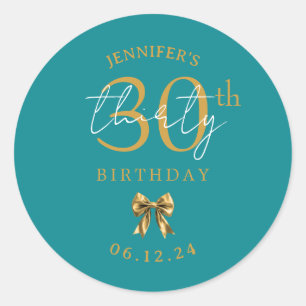 Elegant Gold Coquette Bow 30th Birthday Turquoise  Classic Round Sticker