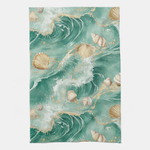 Elegant Gold Coral & Seashell Watercolor Art (2) Tea Towel